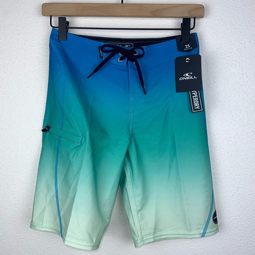 NEW O’Neill Boys Hyperfreak S-Seam Fade Blue Green Ombre Board Shorts 10 (W25”) - Picture 2 of 10
